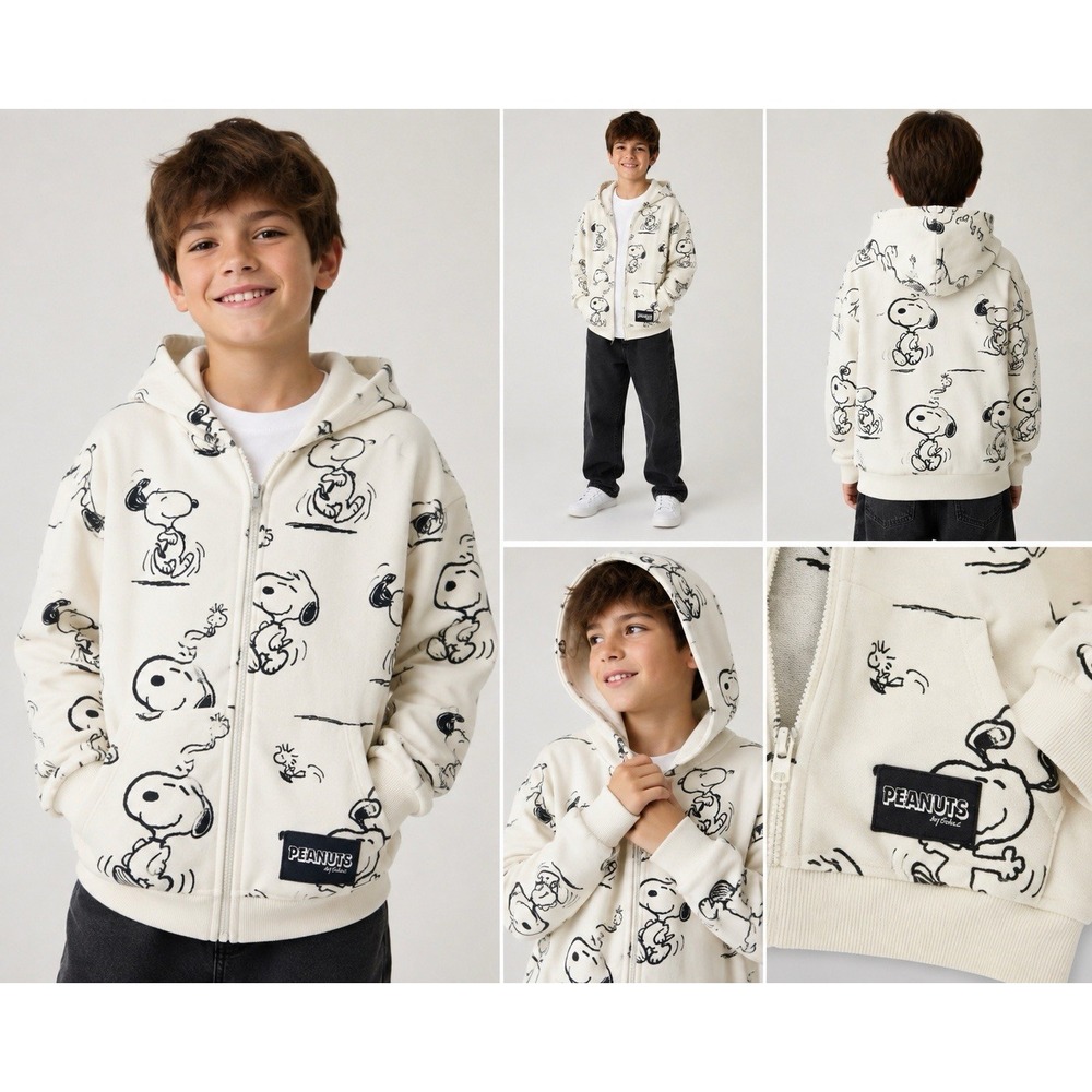 ZARA Kids Peanuts Snoopy Hoodie Size 10 140 Cream All Over Print Full Zip